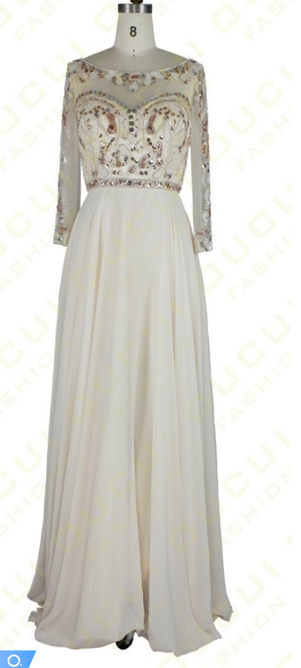 Tulle And Chiffon Prom Dress,white Three Sleeve Evening Dresses,beading Hand Work Dress