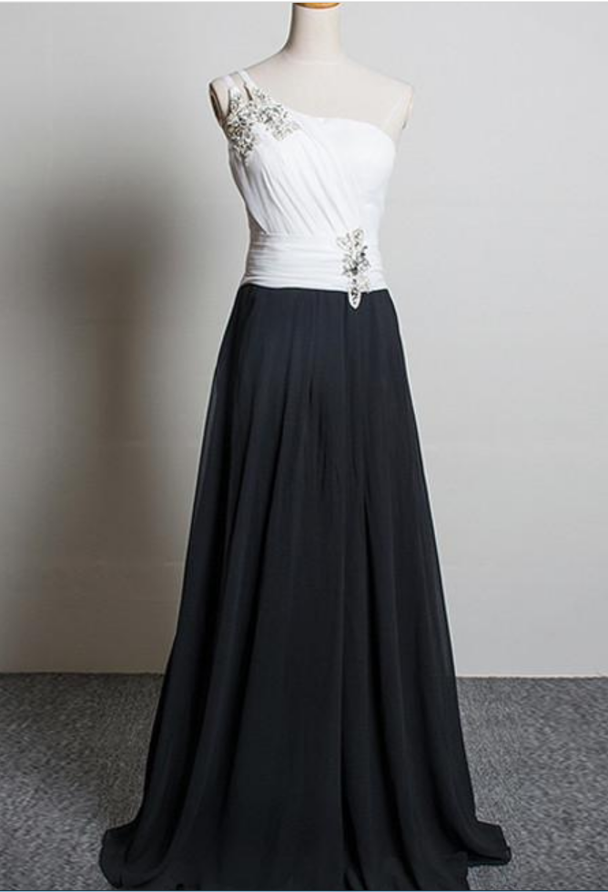 Elegant White Black One Shoulder Chiffon Evening Dresses Long Crystals Beaded Prom Dress Vestidos
