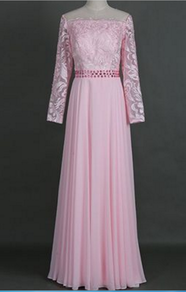 Generous Off Shoulder Long Sleeves Pink Prom Dress With Beading Lace Top