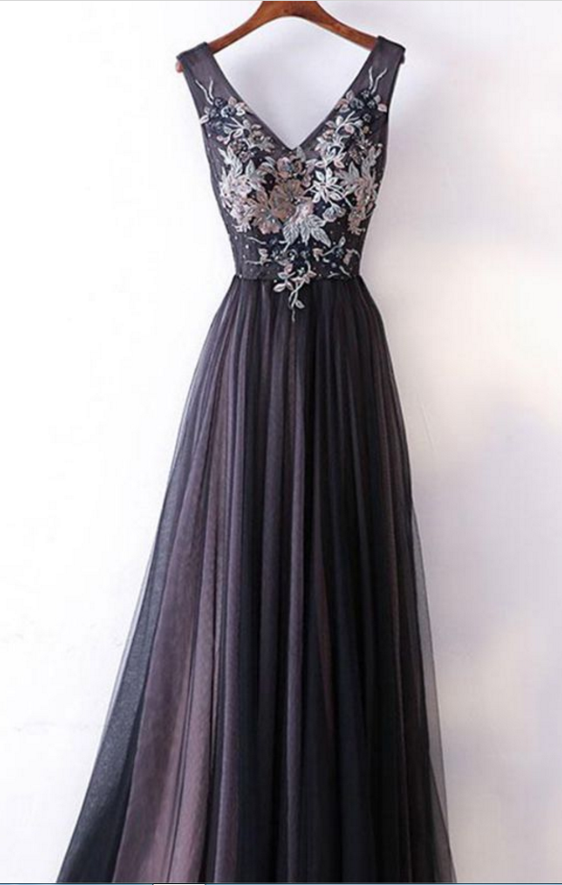 Black Tulle V Neck Long Embroidery Evening Dress, Long Black Pageant Dress