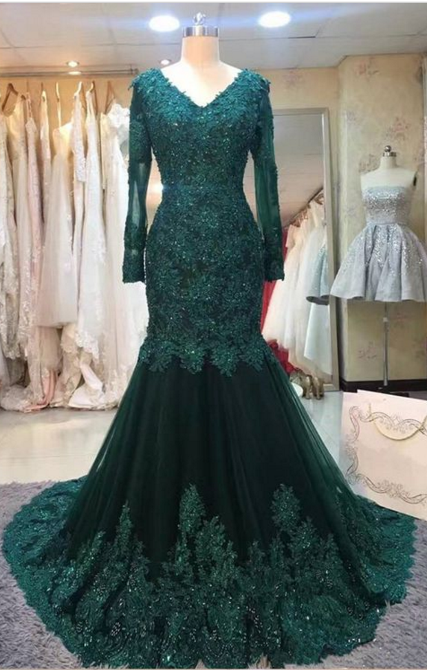 Dark Green Lace Mermaid Prom Dress,long Sleeves Prom Dress,emerald