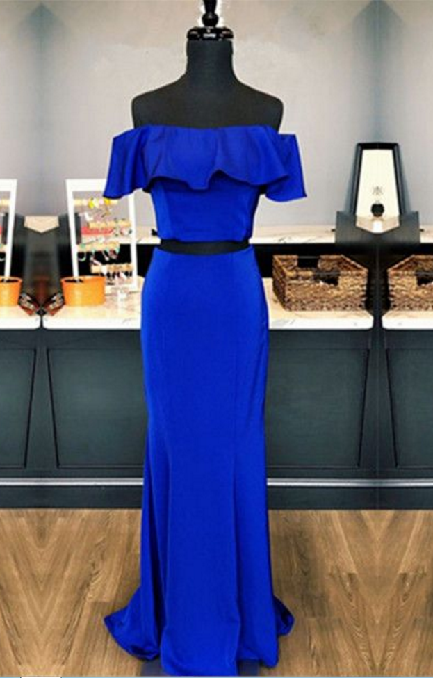 Two Piece Royal Blue Porm Dress, Off Shoulder Long Party Dress, Stain Meimaid Evening Dress