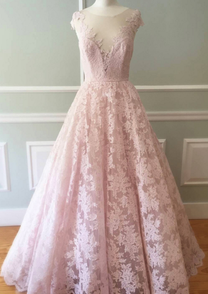 Blush Pink Sheer Lace A-line Floor-length Prom Dress, Evening Dress
