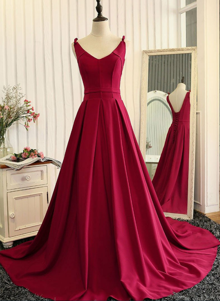 Elegant A-line Prom Dress, Backless Wine Red Prom Dress, Stain Long Party Dress