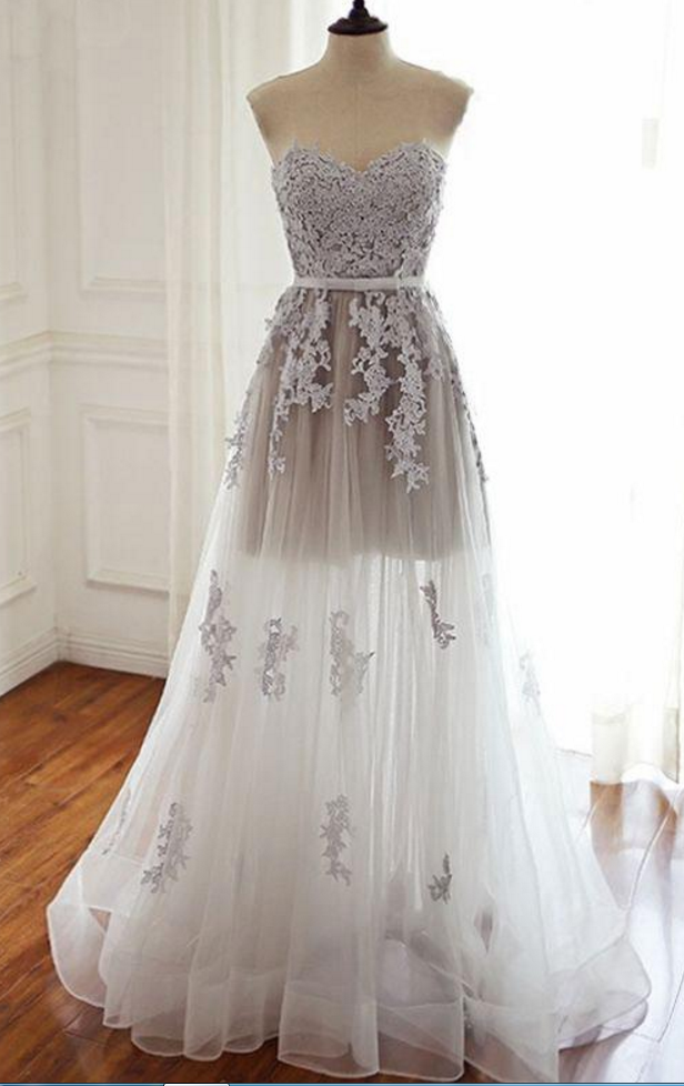 White Sweetheart Lace Tulle Long Prom Dress
