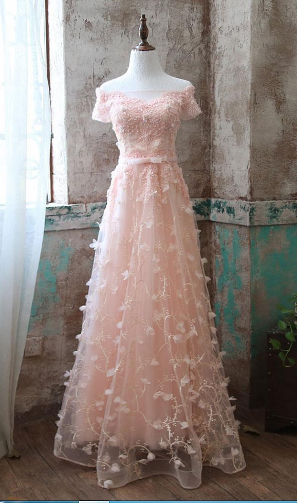 Pink Lace Tulle Long Prom Dress Pink Evening Dresses