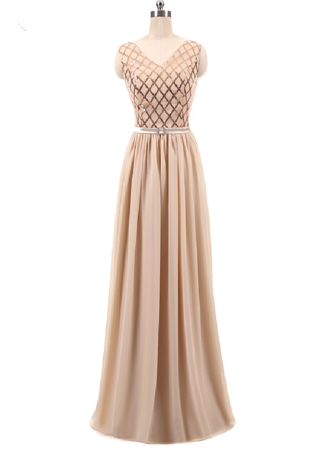 Sequin Champagne A Line Evening Dress Bridal Chiffon V Neck Sleeveless Evening Gown Party Dress