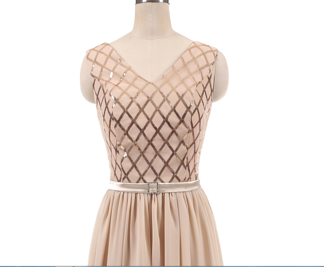 A Line V Neck Beaded Sequin Prom Dress Champagne Shiny Evening Dress