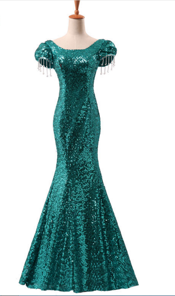 Elegant Party Evening Dresses Long Dress Vestido De Festa Mermaid Bling Sequin Lace-up Short Sleeve
