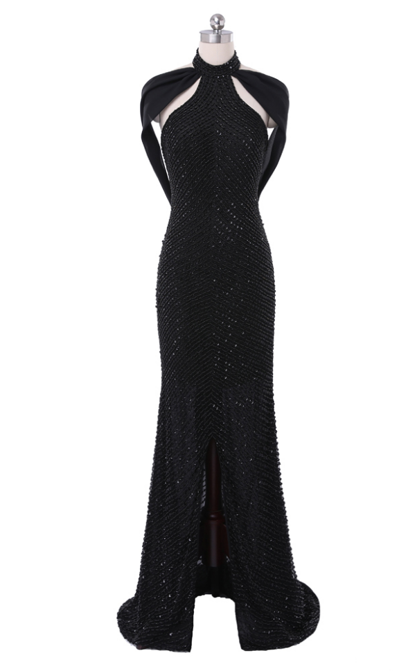 Elegant Black Open Back Chiffon Mermaid Prom Dresses Halter Neck Beading Sequin Off The Shoulder Sleeveless Evening Dress