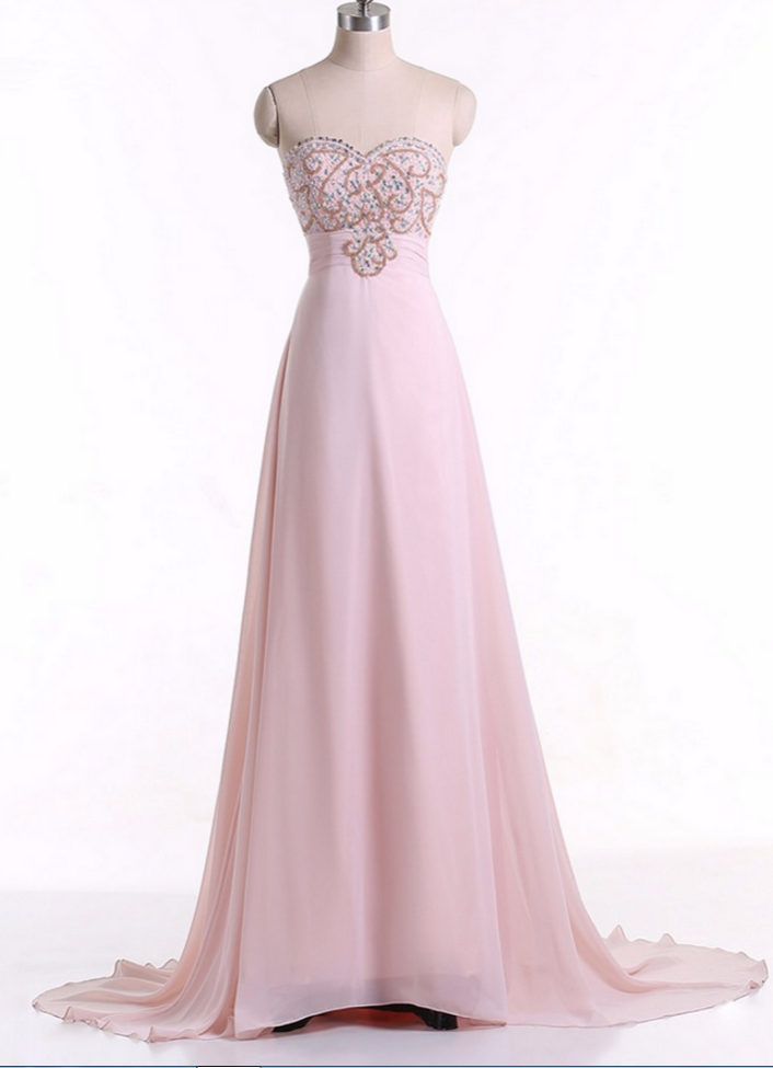 Pink Sweetheart Floor-length A-line Prom Evening Dress With Beaded Embellished Bodice