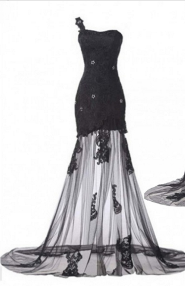 One-shoulder Beaded Black Floor-length Prom Dress With Lace Appliques And Sweep Train
