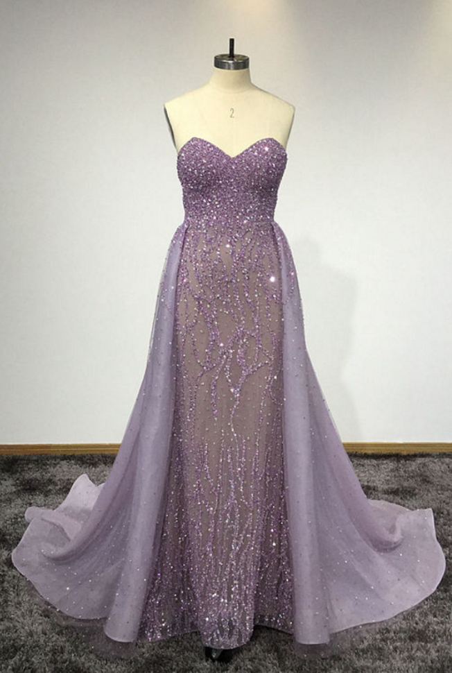 Purple Beaded Embellished Sweetheart Floor Length Formal Dress Featuring Court Train, Prom Dress