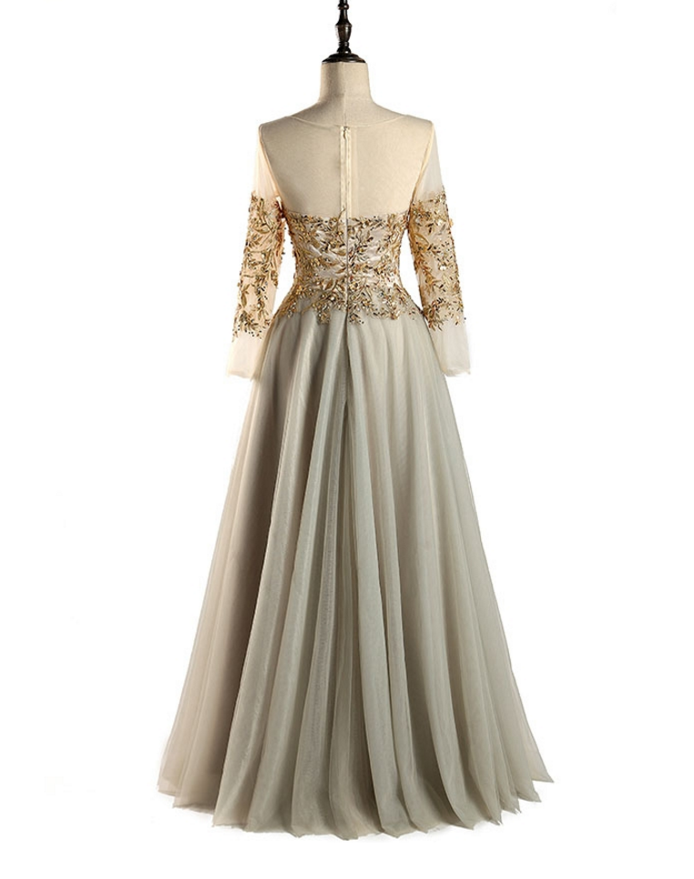 Tulle Jewel Long Sleeve Gold Beading Prom Evening Dress