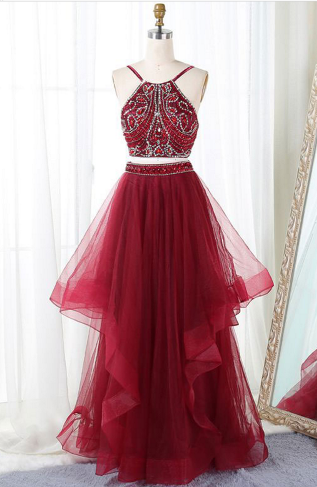 Sexy Two Piece Sparkly Beaded Long Prom Dresses Party Gowns