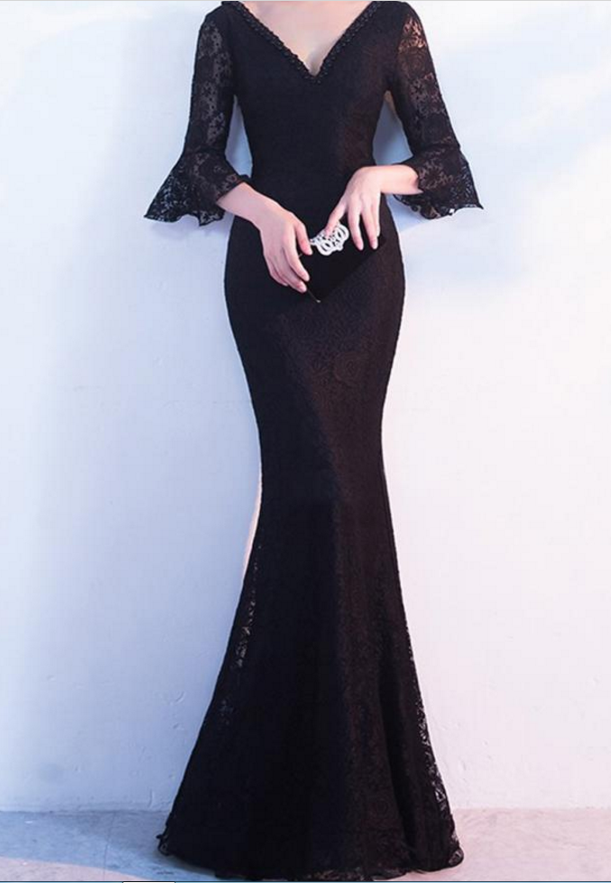 Black V-neck Lace Mermaid Floor-length Prom Dress, Evening Dress Featuring Bell Sleeves And Crisscross Back