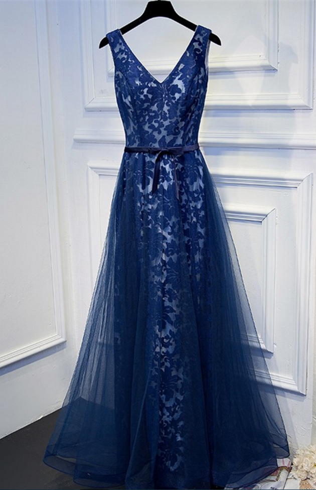 Dark Blue Tulle Lace V-neck Lace Up Dress Prom Dress ,evening Dress