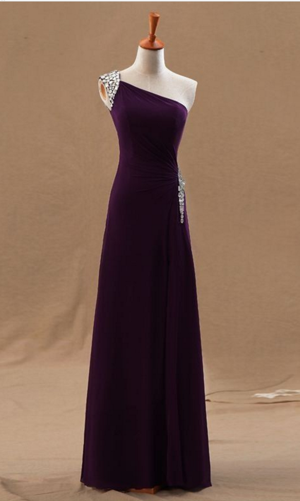 One Shoulder Prom Dress,dark Purple Prom Dress,chiffon Prom Dress, Beaded Prom Dress, Floor Length Prom Dress, Prom Dress, Prom Dresses ,sheath