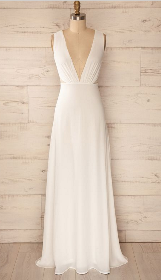 White Deep V-neckline Floor Length Chiffon Prom Dress, Bridesmaid Dress