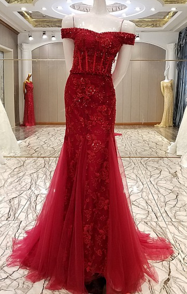 Advanced Clothing Tailoring Mermaid Luxury Flowers Married Sexy Lace Fishtail Gown Evening Wine Formal Party Dress