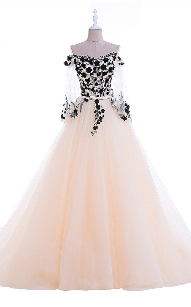 Off The Shoulder Floral Lace Mesh Transparent Sleeves Tulle Long Prom Dress, Formal Evening Dress