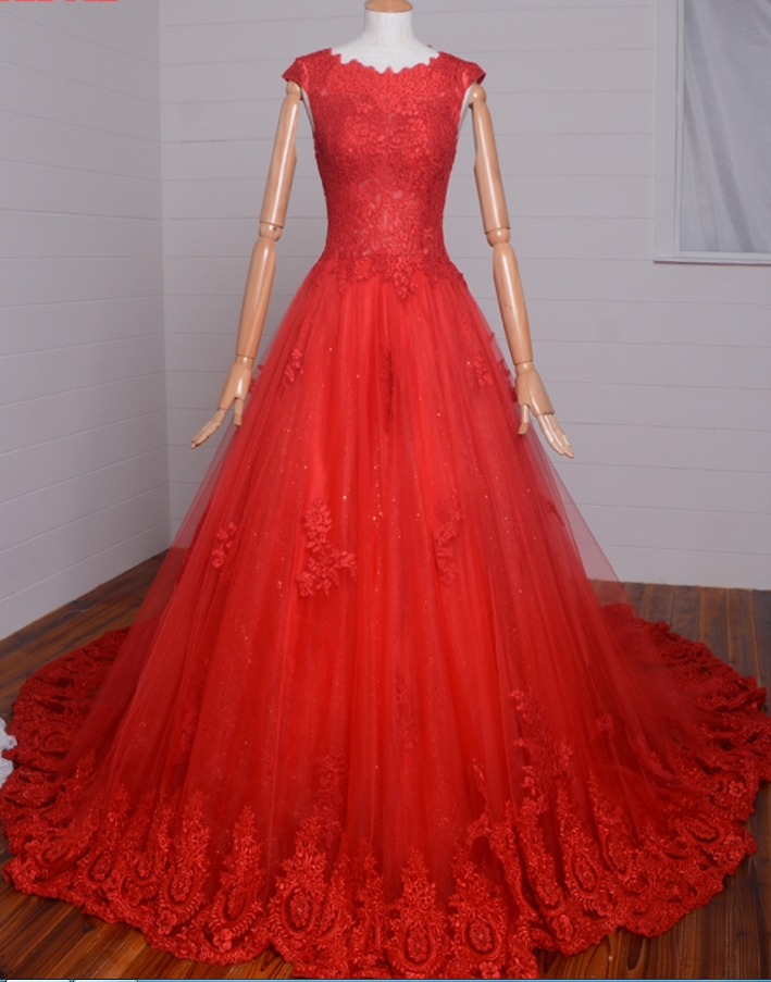 Red Sexy Long Lace Wedding Dress, Evening Dress Sequin Formal Wedding Dress, Evening Dress