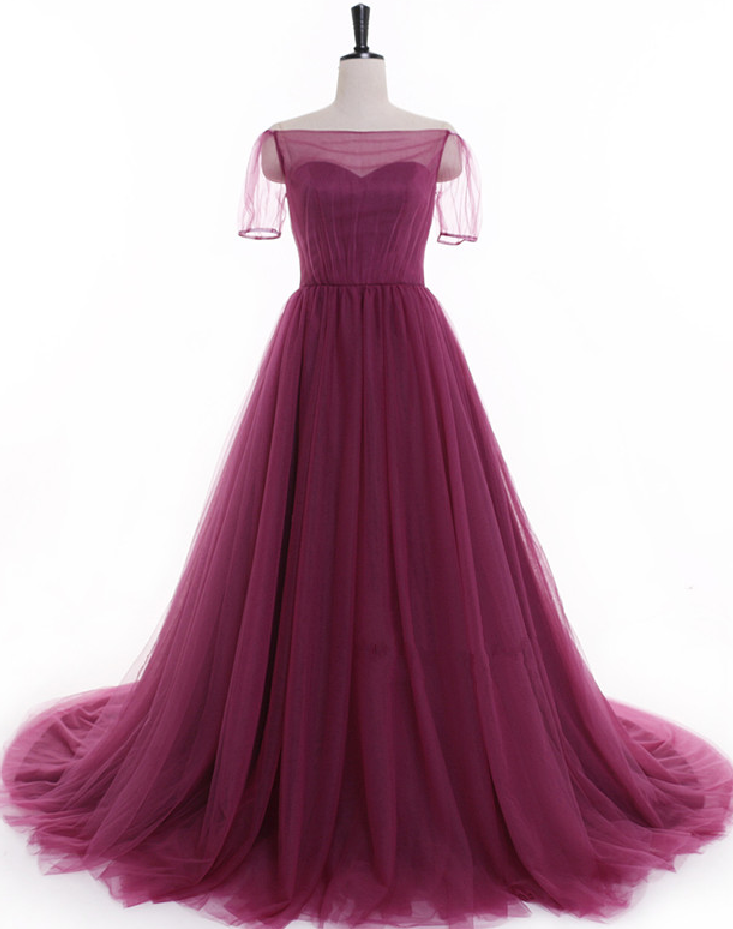 Big Dress Simple Beach Party Dress Long Purple Transparent Sleeve Evening Dress With Short Sleeves