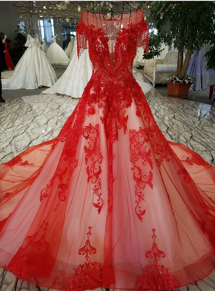 Red Dress Beaded Married Exquisite Luxury Embroidery Beautiful Party Dresses With Short Sleeves Ball Gown