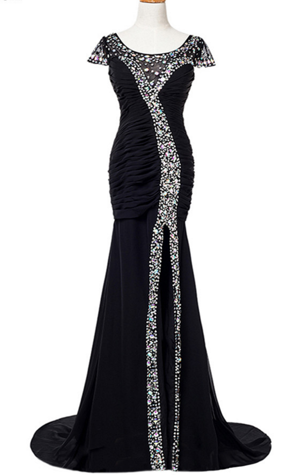 Black Party Dress Silk Crystal Folds As Seam Long Mermaid Open-air Party Dress