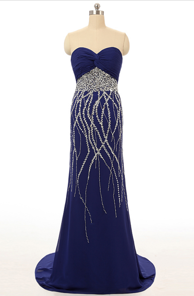 Beloved Royal Blue Silk Evening Dress Sexy Party Dress Seam Bead Ball Gown