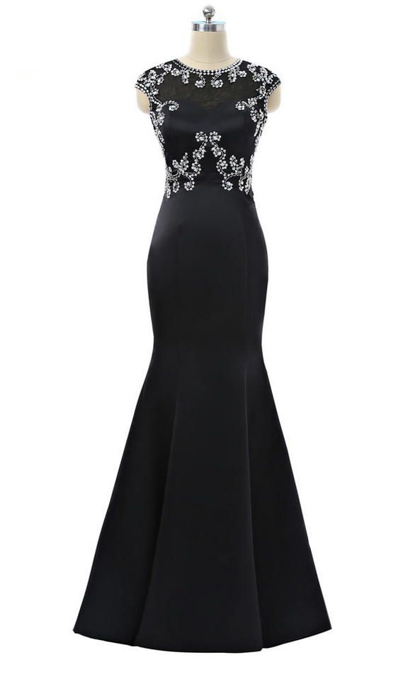 Black Prom Dresses Mermaid Cap Sleeves Open Back Beaded Crystals Sexy Women Long Prom Gown Evening Dresses Robe De Soiree