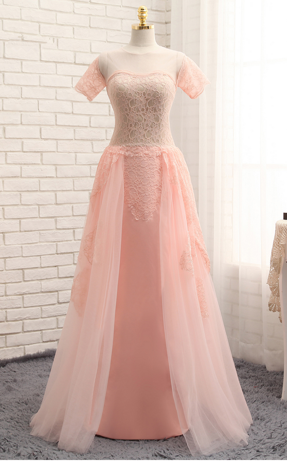 Detachable Skirt Evening Dresses Sheath Cap Sleeves Pink Chiffon Lace Elegant Long Evening Gown Prom Dresses Prom Gown