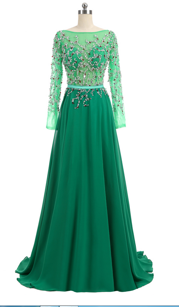 Luxurious Prom Dresses A-line Long Sleeves Open Back Chiffon Beaded Crystals Prom Gown Evening Dresses Evening Gown