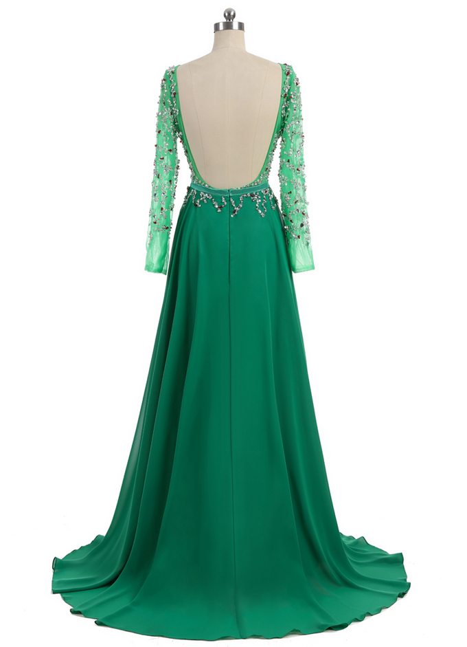 Luxurious Prom Dresses Aline Long Sleeves Open Back Chiffon Beaded