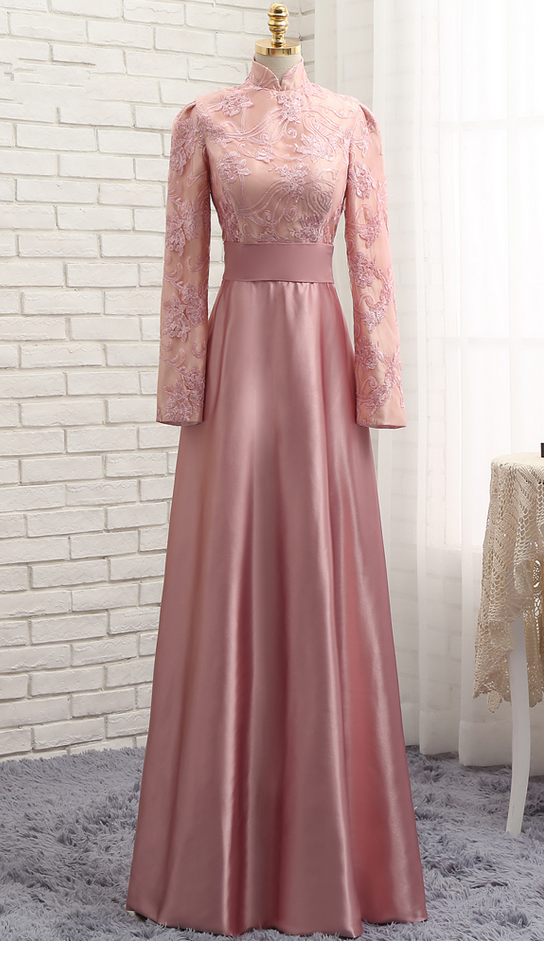 Custom Made Pink A-line Modest Dress With High Neck Long Sleeve Sequin Satin Long Evening Dress, Prom Dresses, Formal Dress, Wedding Dress
