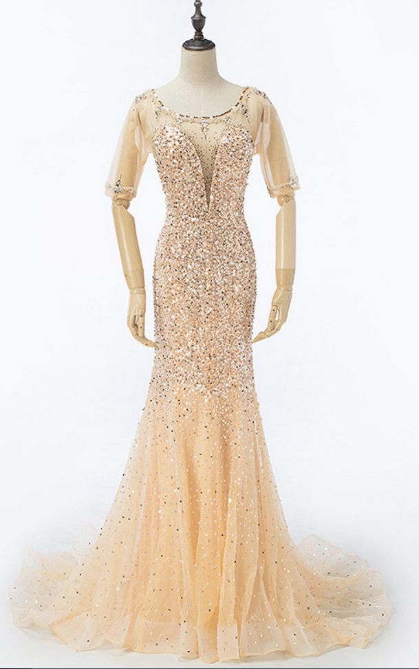 Luxury Dubai Gold Intermittently Attract Long Evening Dress Mermaid Perspective Open-air Party Dress