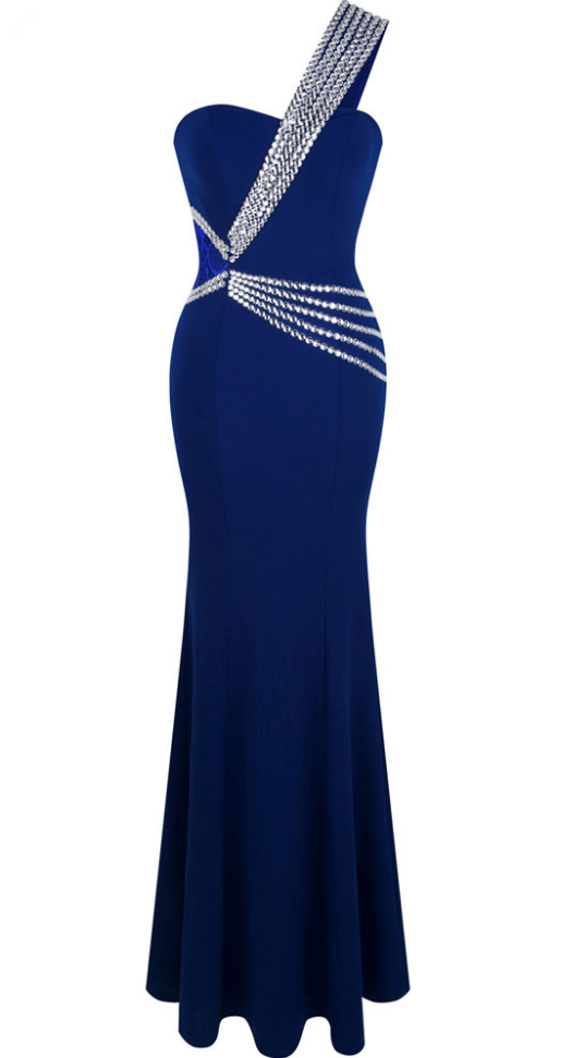A Shoulder Pearl Mermaid Long Blue Dress Formal Party Dress