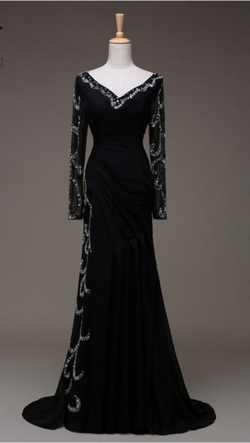 Evening Dress Sexy To The Silk Black Pearl Long-sleeve Luxury Festa Dress Gown Formal Gown