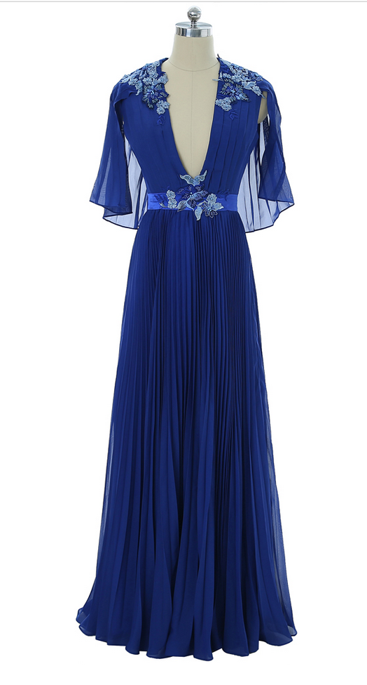 Royal Blue Prom Dresses A-line V-neck Chiffon Lace Beaded Sexy Long Prom Gown Evening Dresses Evening Gown Robe De Soiree