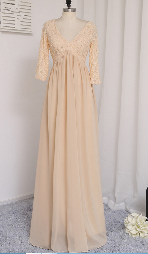 Champagne Evening Dresses A-line Long Sleeves Lace Pearls Backless Long Evening Gown Prom Dress Prom Gow