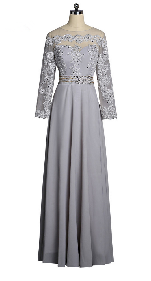 Silver Evening Dresses A-line Long Sleeves Chiffon Lace Beaded See Through Long Evening Gown Prom Dress Robe De Soiree