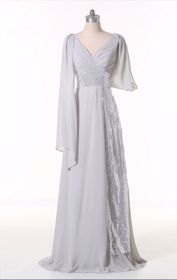 Actual Image Party Dress Silver Foil Formal Long Chiffon Evening Dress