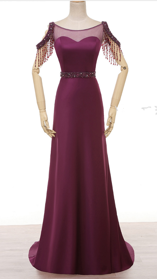 Married A Party Dress Purple Dress Pearl Crystal Neck Satin Evening Gown