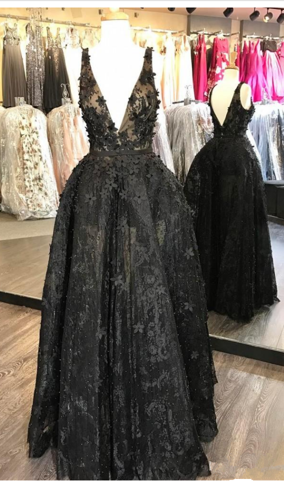 3d Floral Appliques Evening Gowns Lace Sexy V Neck Prom Dress Bead Plus Size Little Black Formal Dresses