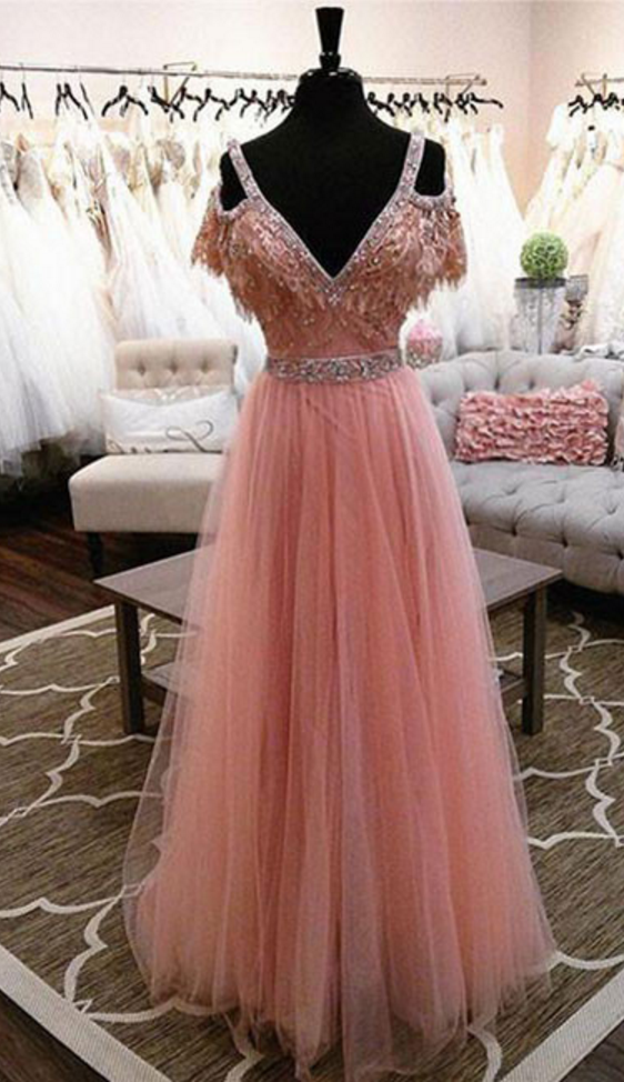 Lace Floor-length Charming Beading V-neck Pink A-line Evening Dress