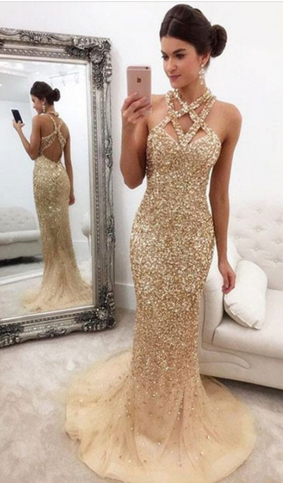 champagne beaded evening gown