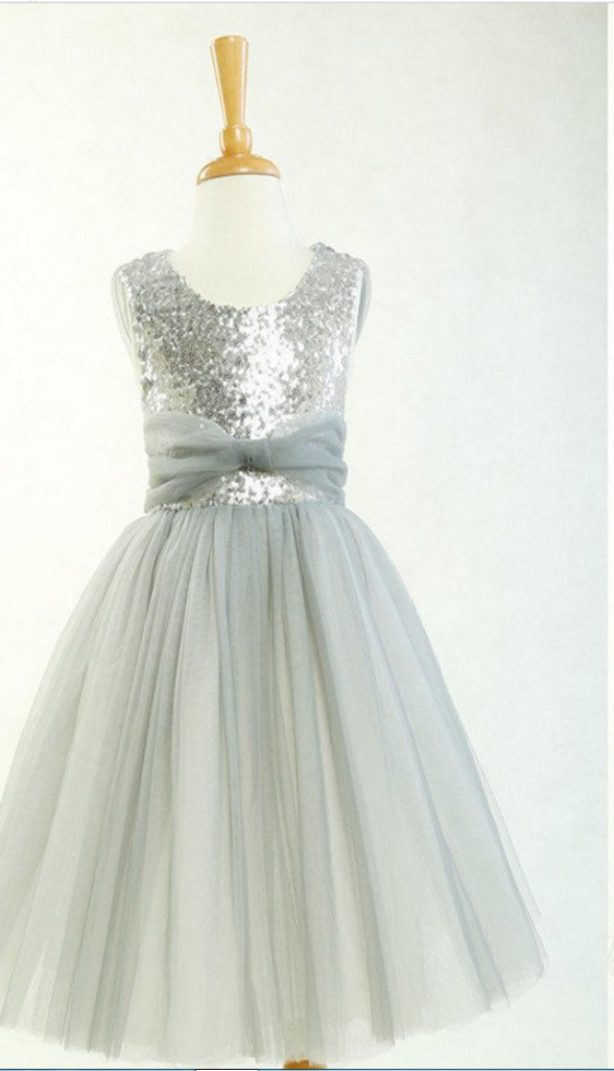 Round Neck Silver Sequin Tulle Pretty Little Girl Dresses For Wedding Party, Flower Girl Dresses,