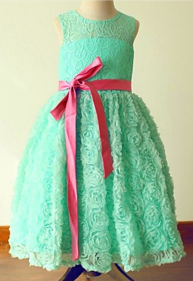 Custom Tea Length Flower Girl Dresses Mint Green Flowers Petals Lace Jewel Flower Girl Dress A Line Bow Sash Girls Formal Party Gowns