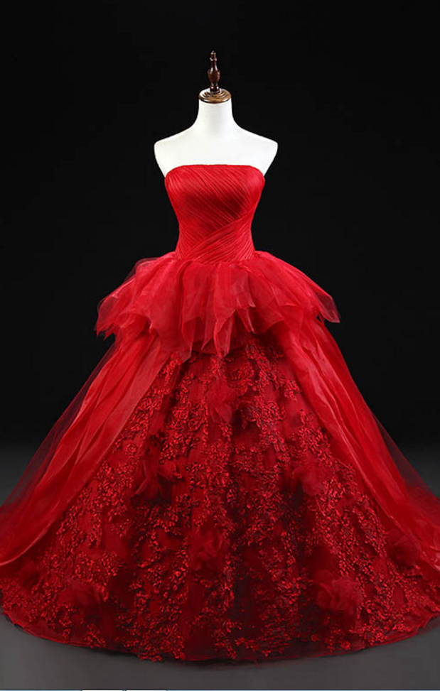Red Strapless Wedding Dress Bridal Gown Ball Gowns Lace Dress