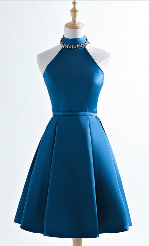 Sexy Halter Neck A-Line Short Satin with Beading Prom Dresses